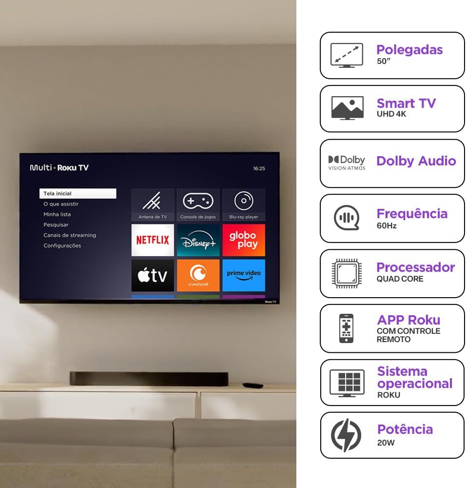 Smart TV 50″ Roku Multi 4K Compatível com Alexa e Google Home – TL059M na Amazon