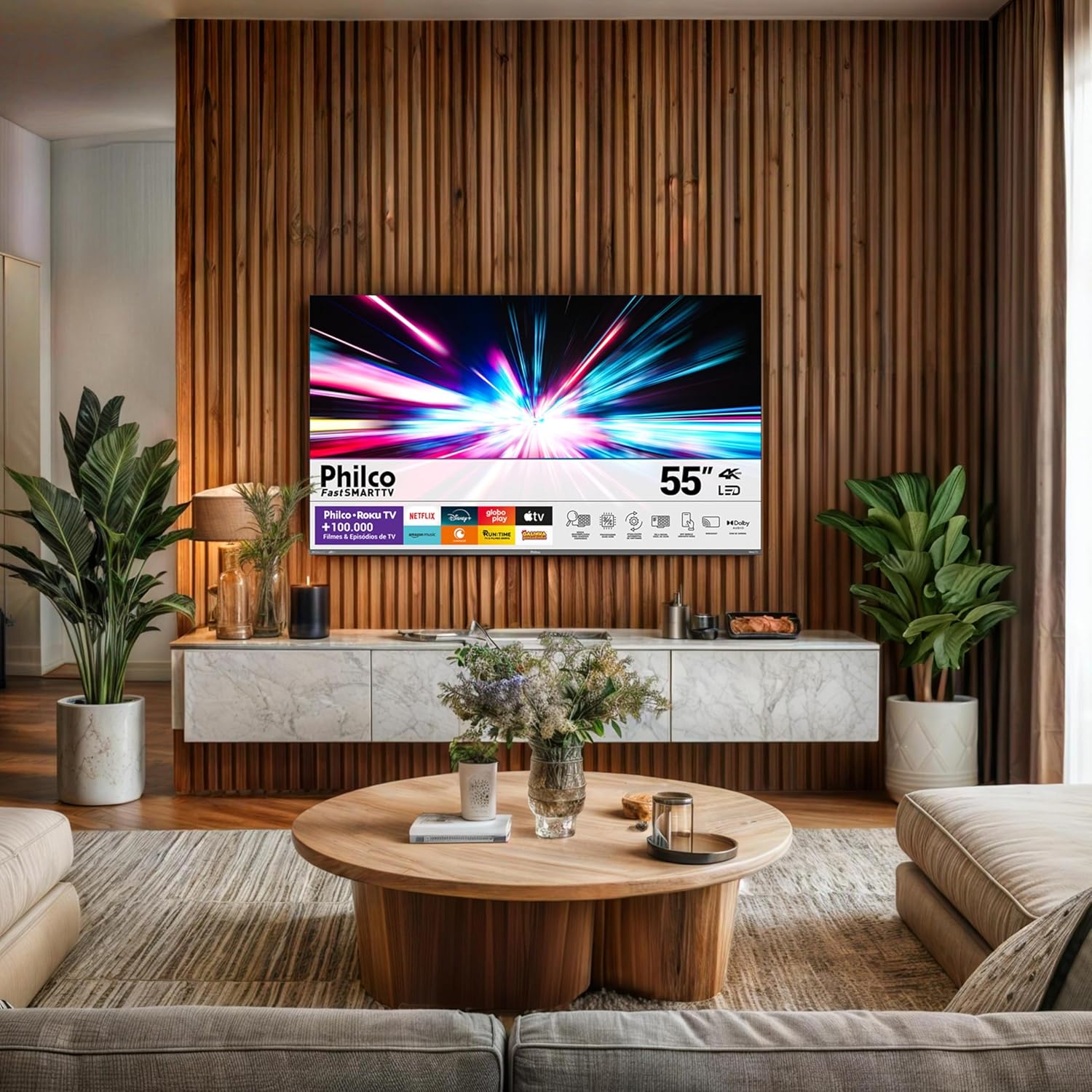 Smart TV 55″ Philco 4K UHD LED Roku TV Dolby Audio P55CRA na Amazon