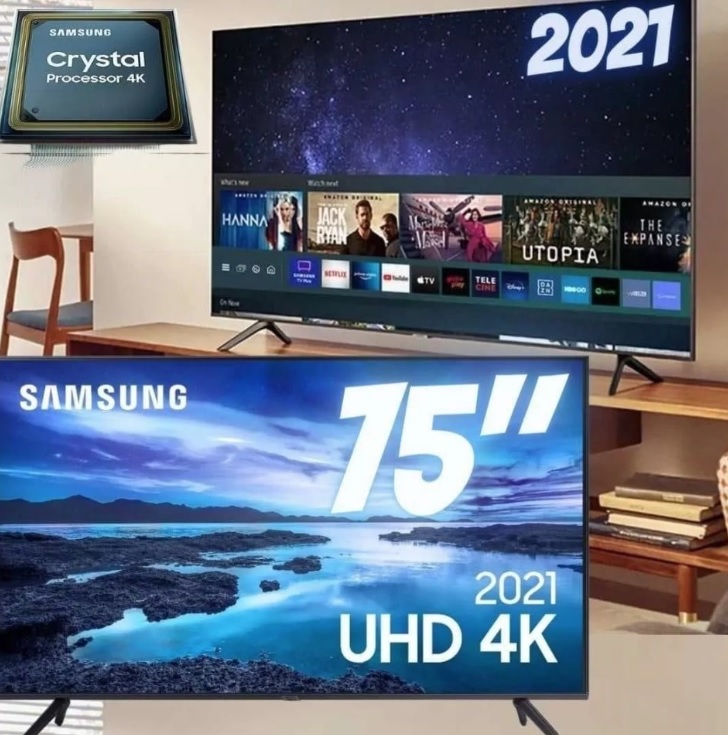 Smart TV 75” Crystal 4K Samsung 75AU7700 Wi-Fi – Bluetooth HDR Alexa Built in 3 HDMI 1 USB na Magazine Luiza