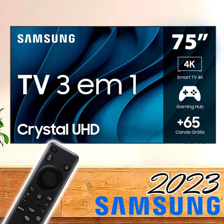 Smart TV 75″ Crystal 4K Samsung CU8000, Dynamic Crystal Color, Gaming Hub, Design AirSlim, Tela sem limites, Alexa built in, Controle Remoto Único na Casas Bahia