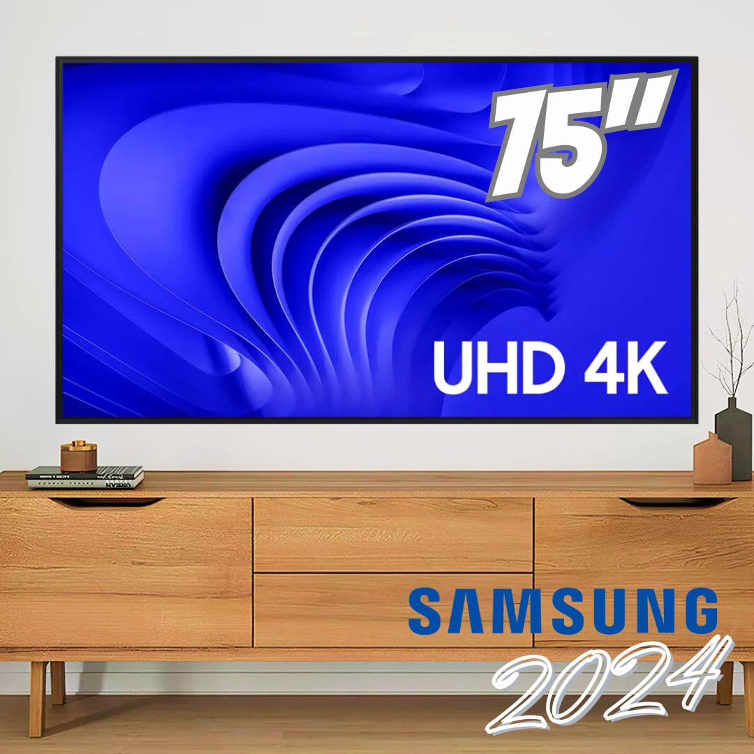 Smart TV 75” Samsung 75DU7700 LED, Processador Crystal 4K, Gaming Hub, AI Energy Mode, Alexa built-in, Wi-Fi, Bluetooth, USB e HDMI na Casas Bahia