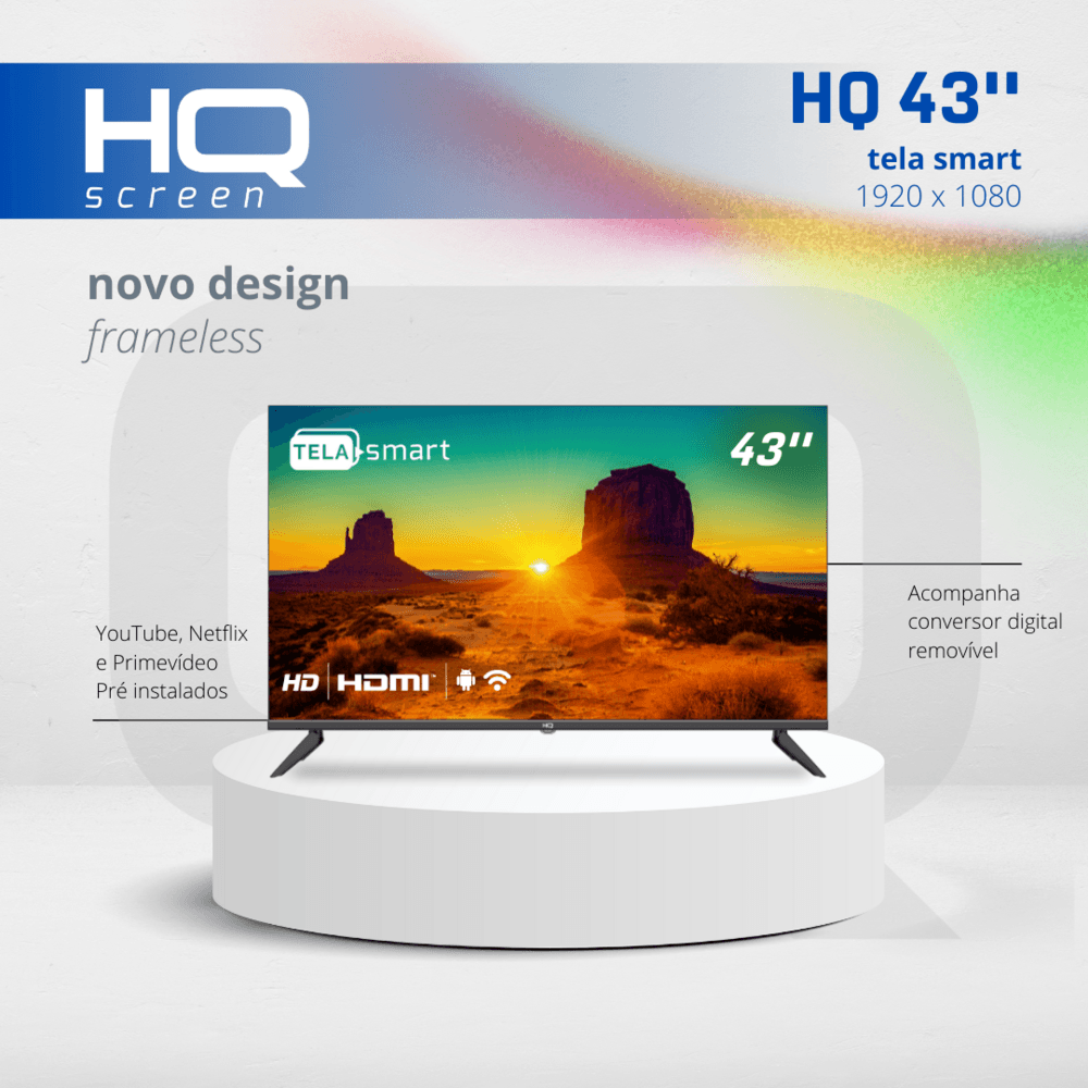 Smart TV HQ 43 Polegadas Full HD, HDR, Tela Sem Bordas, Android 11, Sistema Ultrasound, Design Slim, Processador Quad Core, Espelhamento De Tela – HQSTV43N na KaBuM!