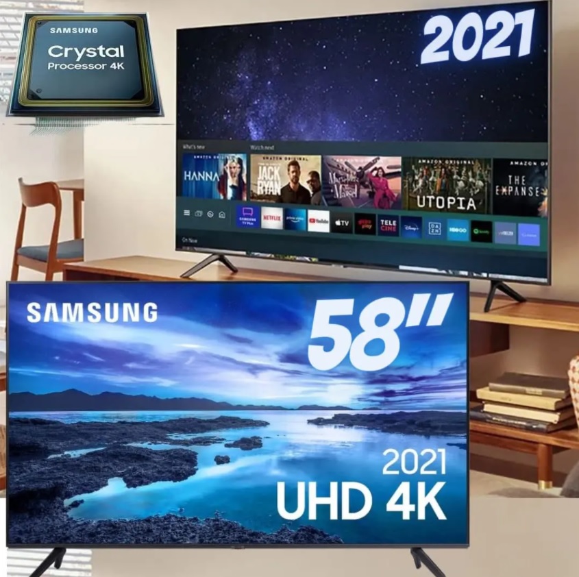 Smart TV Samsung UHD Processador Crystal 4K 58AU7700 Tela sem limites Visual Livre de Cabos 58″ na Compra Certa