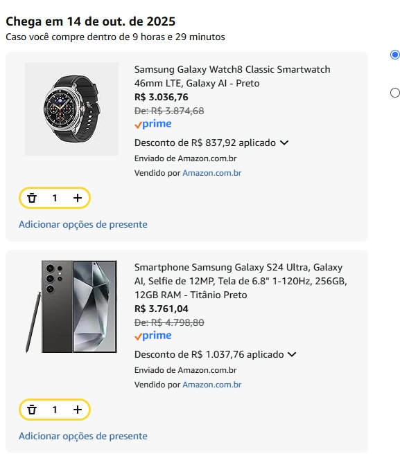 Smartphone Samsung Galaxy S24 Ultra 12/256GB + Galaxy Watch 8 46mm LTE na Amazon