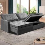 Sofá 3 Lugares Cama inBox Marselha com 180 cm de Largura, Retrátil, com Baú e Revestimento Suede Velusoft – Cinza na Casas Bahia