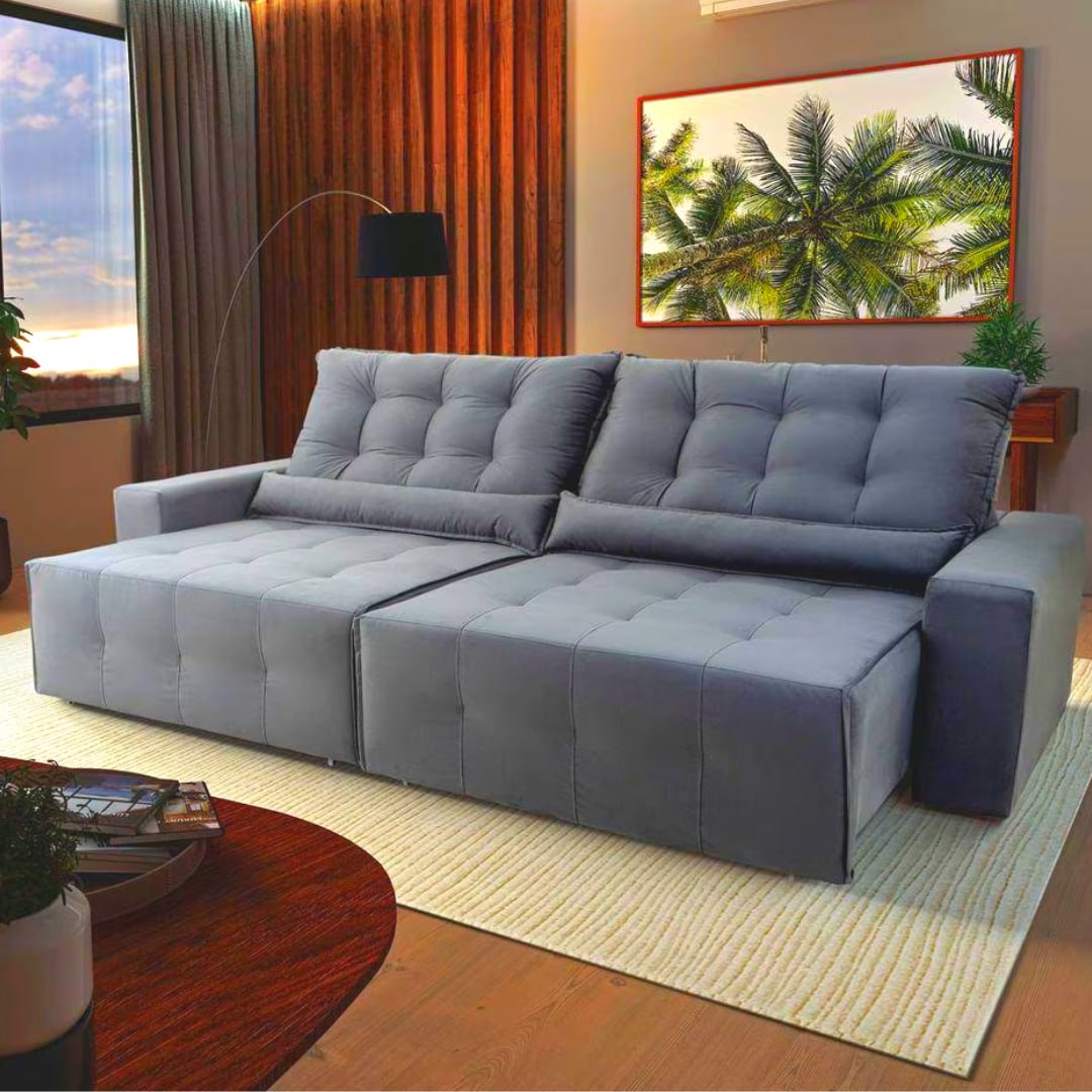 Sofá Retrátil Reclinável Montebello 2,10m Suede Velut Cinza c/ Molas no Assento – King House na Casas Bahia