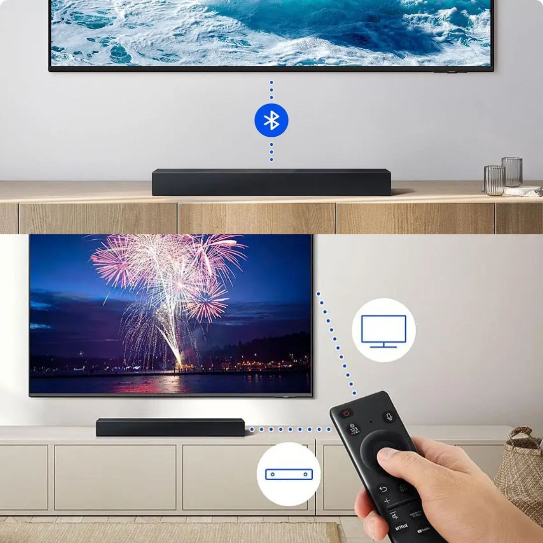 Soundbar Samsung HW-B400F, com 2.0 canais, Bluetooth, Subwoofer integrado e HDMI ARC na Casas Bahia