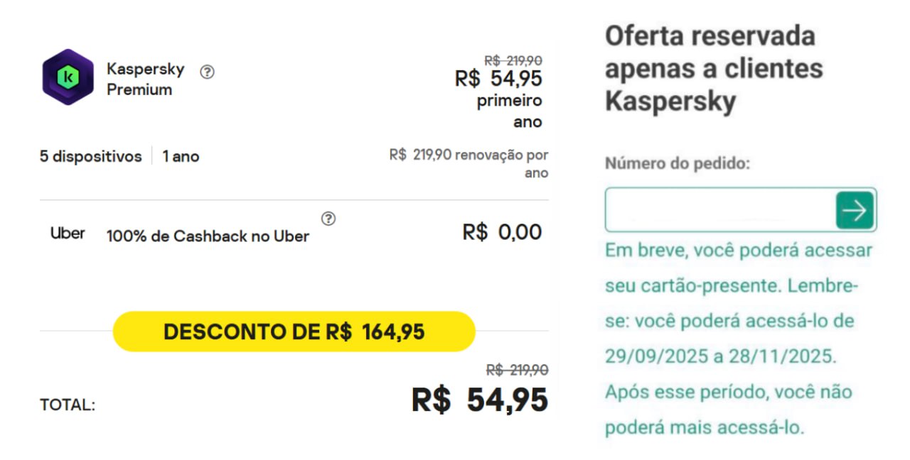 Super Antivírus Kaspersky Premium 5 Dispositivos + VPN Rapida e ilimitada, com 100% de Cashback em Voucher Uber na Kaspersky Antivirus