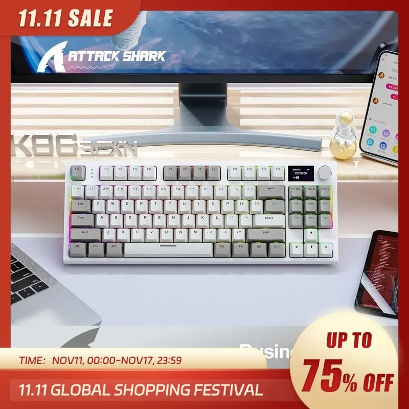 Teclado Mecânico Sem Fio Attack Shark K86 RGB, Hot Swap, PBT, Gasket, Com Display/Knob de Volume na Aliexpress