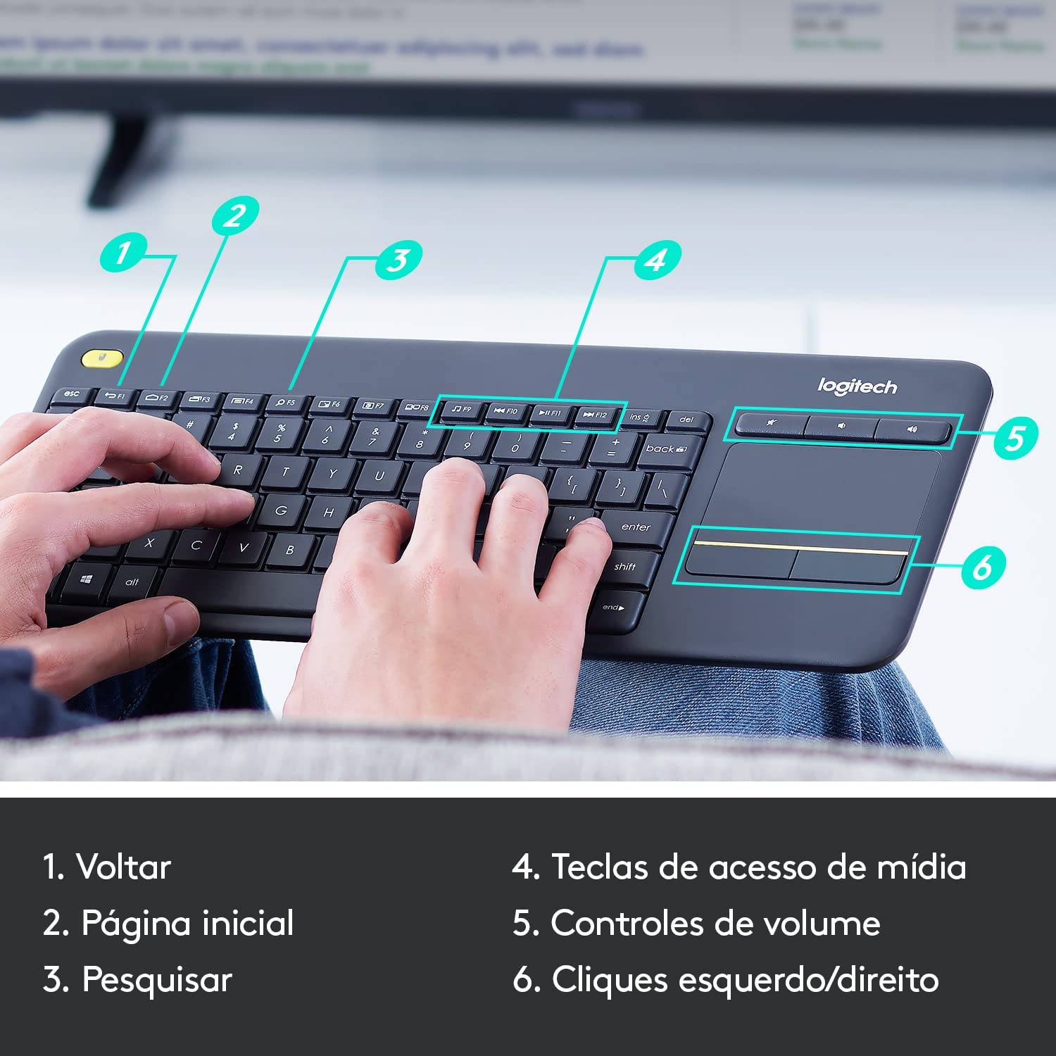 Teclado sem fio Logitech K400 Plus TV com Touchpad Integrado, Conexão USB Unifying e Layout ABNT2 na Amazon
