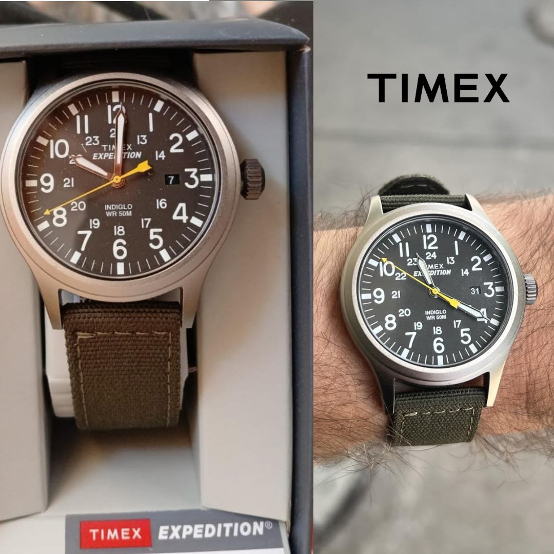Timex Relógio masculino Expedition Scout de 40 mm – caixa preta e mostrador com pulseira deslizante de couro oliva na Amazon