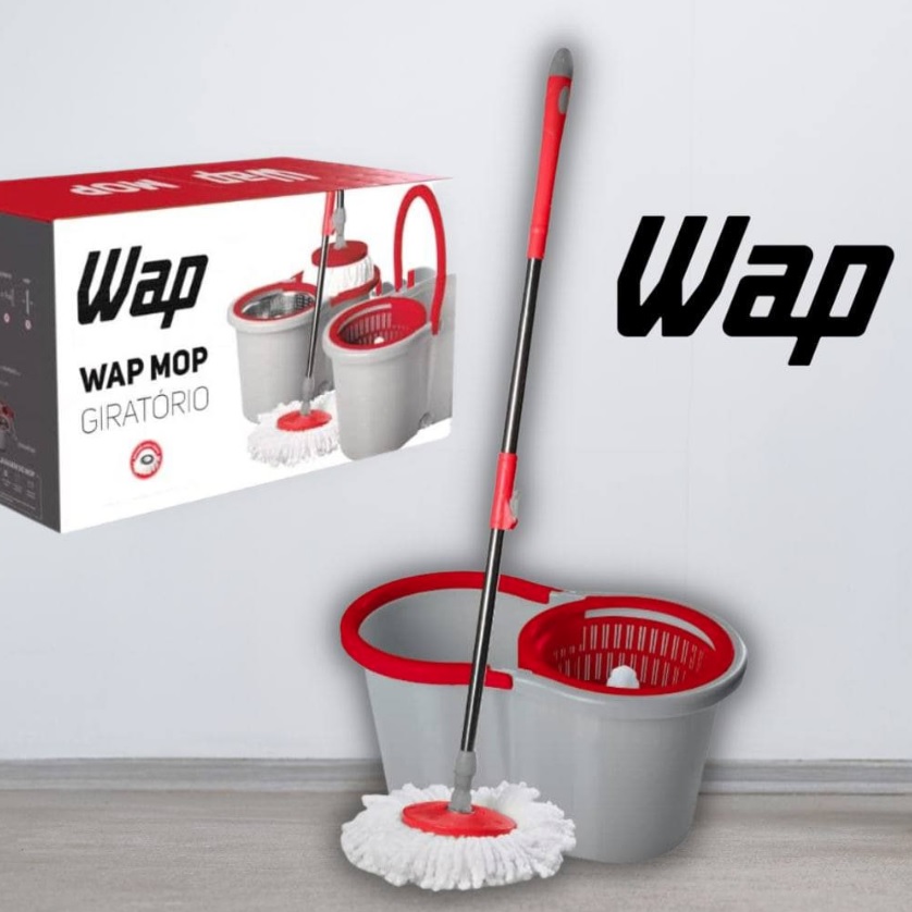 WAP MOP GIRATÓRIO Esfregão Multiuso para Limpeza Balde Centrífuga 14 Litros 360° Cabo Ajustável Alça Rodas e Refil, Vermelho com Cinza na Amazon