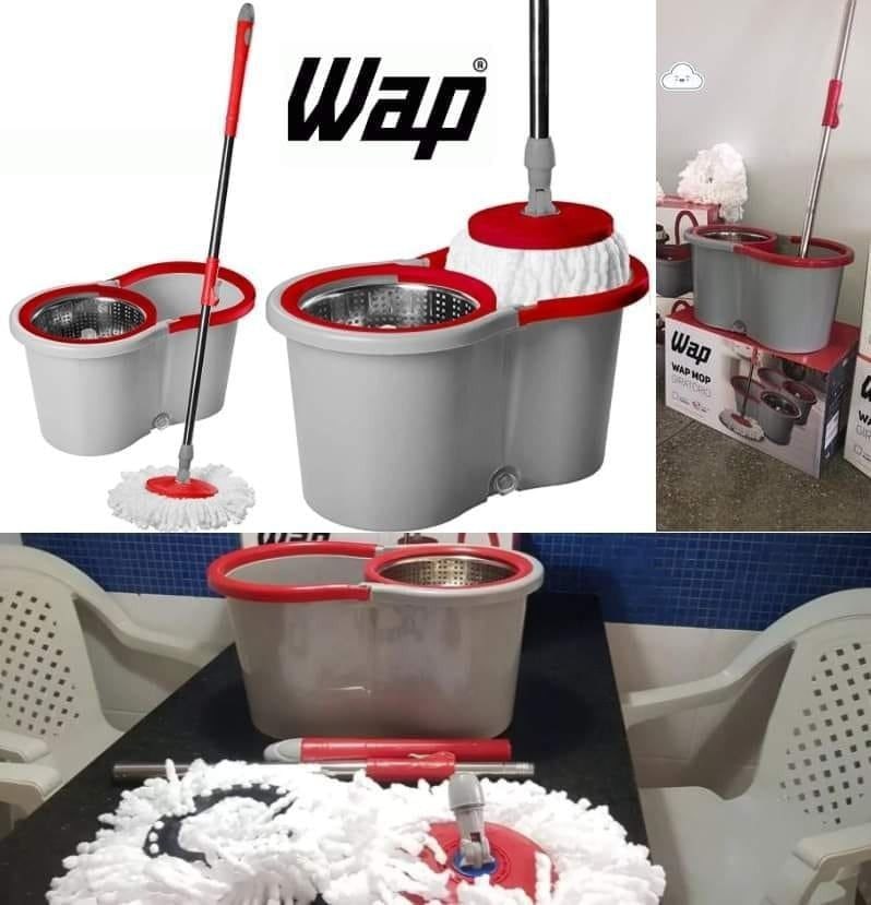 WAP MOP GIRATÓRIO Esfregão Multiuso para Limpeza Balde Centrífuga 14 Litros 360° Cabo Ajustável Alça Rodas e Refil, Vermelho com Cinza na Amazon