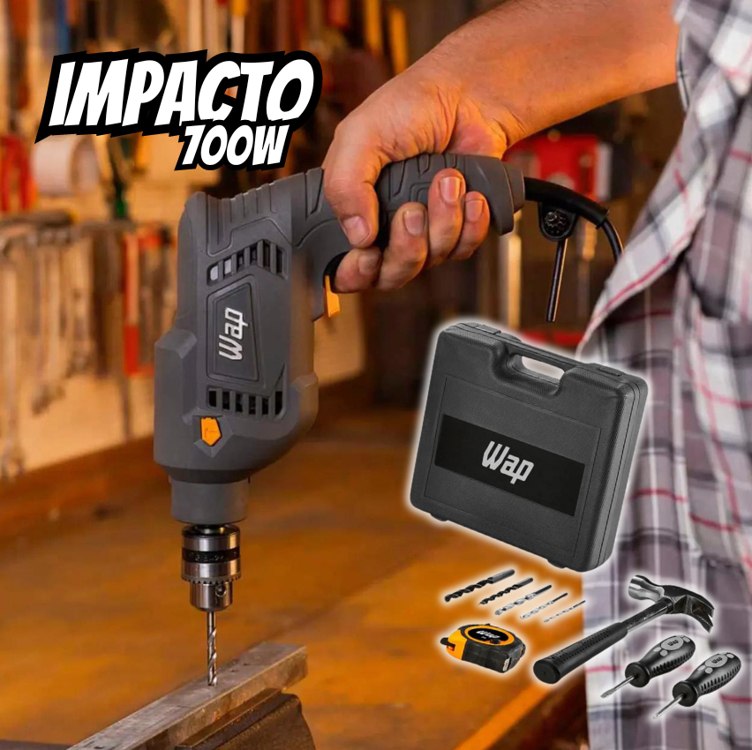 WAP Parafusadeira e Furadeira de Impacto 3/8″ WF-700K10, com 11 Acessórios e Maleta, Controle de Velocidade, 700W na Amazon