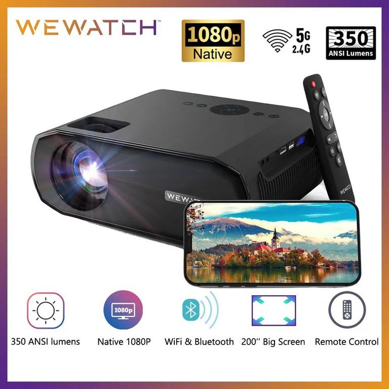 WEWATCH-V50 Pro Video Projector, Projetores LED portáteis, 5G WiFi, Espelhamento de tela Bluetooth, 1080P nativo, FHD, 350 ANSI Lumens na Aliexpress