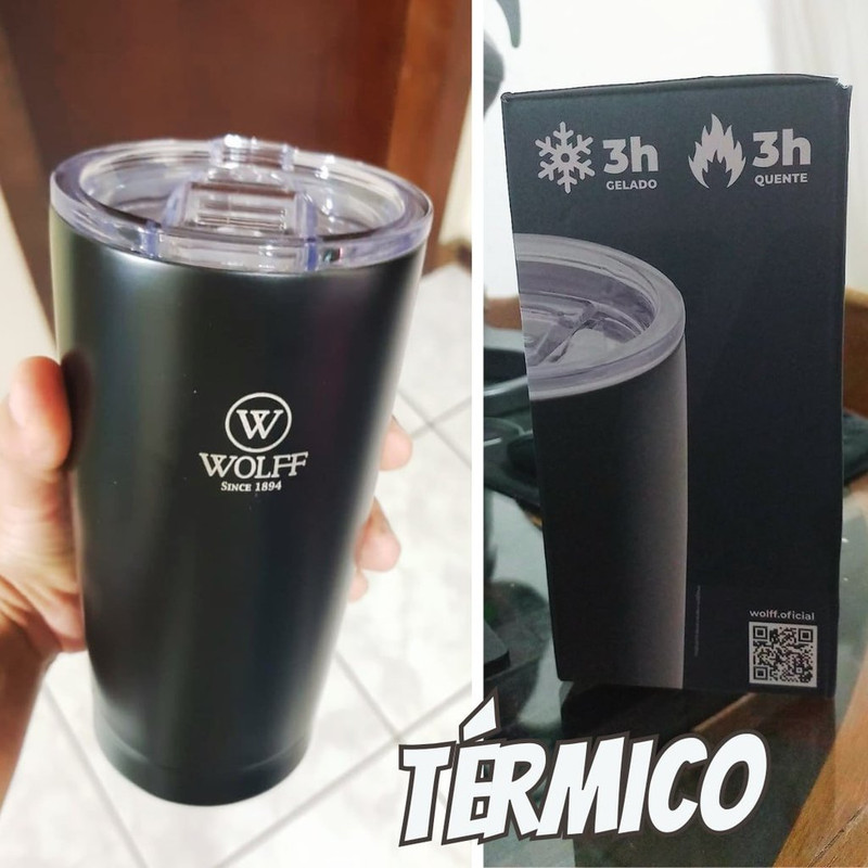 WOLFF Copo Térmico de Aço Inox Parede Dupla Com Tampa 600ml Preto na Amazon